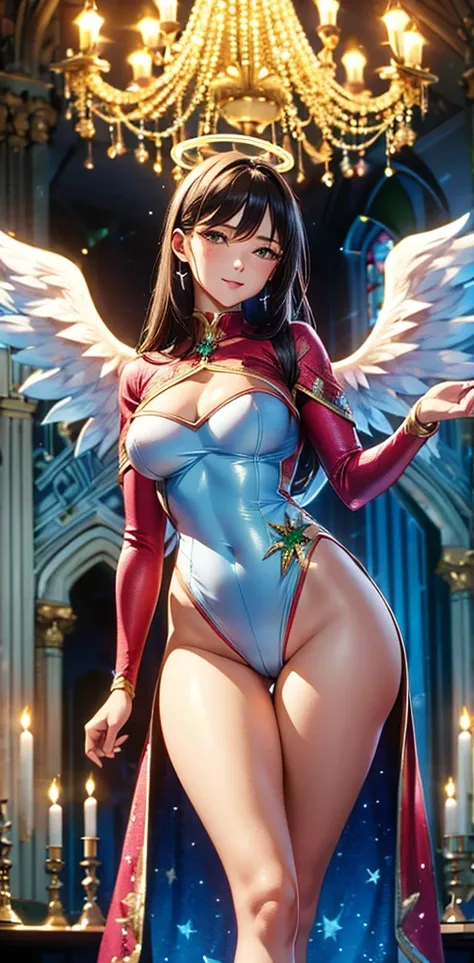 Santa leotard, high leg,Halo, white wings on your back,church, Stained Glass, chandeliers ,front,whole body, spread their hands, high definition , masterpiece,  anatomically correct, accurate,  top quality,  high detail,  high image quality model,  very de...