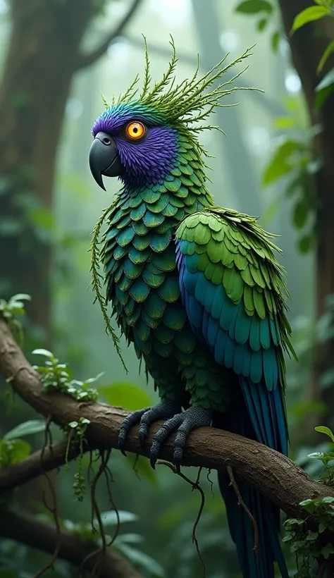 Here is the image of a parrot hybrid with vine-like feathers, glowing eyes, and a magical jungle setting. Let me know if youd like any changes or further enhancements!
