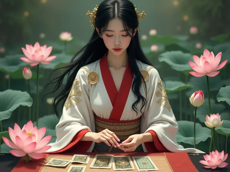 Shrine maiden、Tarot、Tarotカードで占いをしている、fortune teller、Hand、 black hair、 short、White, red and gold kimono、Lotus flower on background、威厳があるfortune teller、 25-year-old woman 、 high image quality