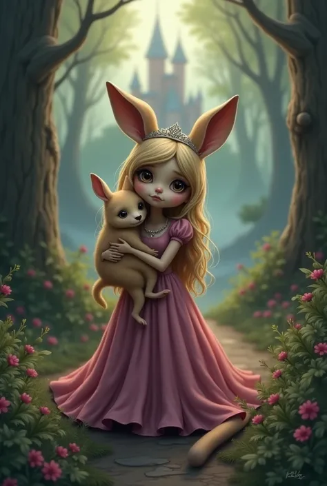  an anthropomorphic kangaroo mother dressed as a princess,  blonde hair and pink dress .  Holding her baby in her arms . sad atmosphere.  in a magical forest ,  with a palace in the background .  realistic style. Dark and dark colors .