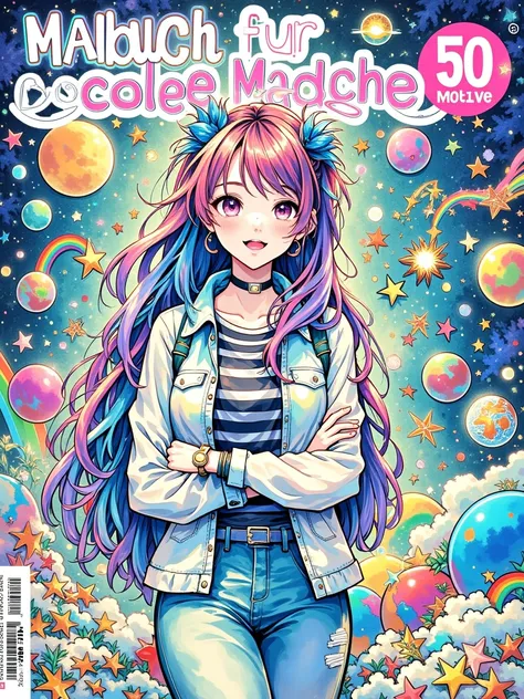 Create a vibrant, detailed coloring book cover featuring a confident and stylish teenage girl with long, wavy, multi-colored hair in shades of pink, purple, and blue. The girl should be standing with her arms crossed, wearing a casual, trendy outfit includ...