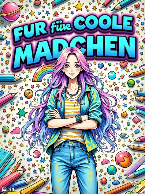 Create a vibrant, detailed coloring book cover featuring a confident and stylish teenage girl with long, wavy, multi-colored hair in shades of pink, purple, and blue. The girl should be standing with her arms crossed, wearing a casual, trendy outfit includ...