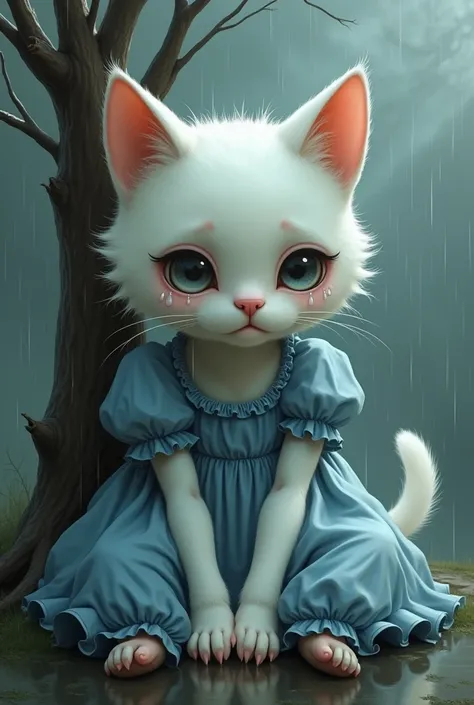 A crying humanoid cat with white fur, sitting under a wilting tree, wearing a puffy blue dress with ruffles and delicate shoes, rain falling around her.