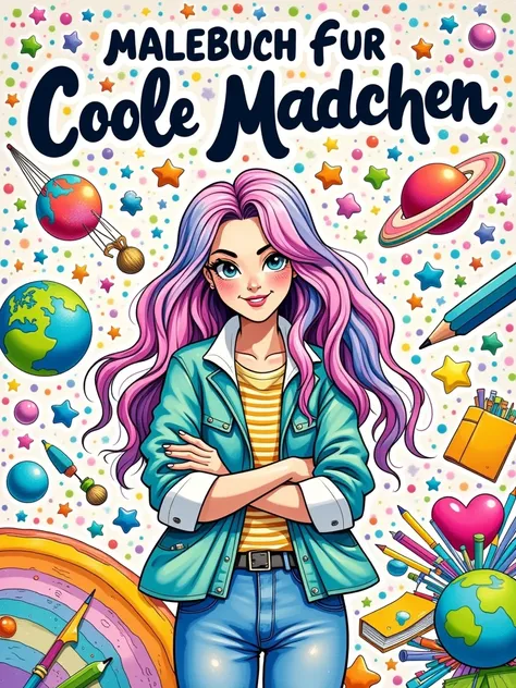 Create a vibrant, detailed coloring book cover featuring a confident and stylish teenage girl with long, wavy, multi-colored hair in shades of pink, purple, and blue. The girl should be standing with her arms crossed, wearing a casual, trendy outfit includ...