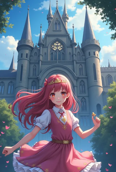 Anime girl holding a wand,standing in front of a magical school,detailed and beautiful background