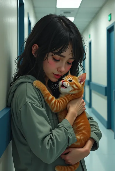 Create an image where a young woman cries in the corridor of a hospital with her orange kitten also crying 