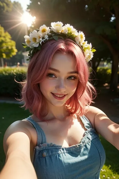 The image is a portrait of a young woman with pink hair. She is wearing a denim vest over a white top and has a flower crown on her head. The woman is smiling and looking directly at the camera. The background appears to be a park or garden with trees and ...