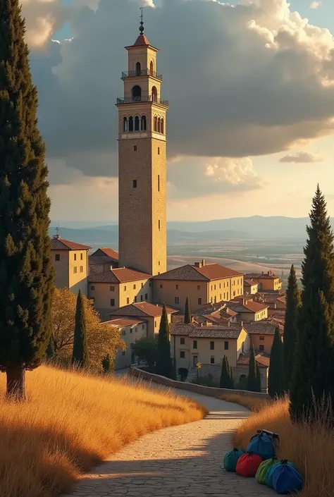 Med evel Pienza city with bags color bell tower in the background and foreground with very golden dry grass, the light insight bell tower is light up, and late evening, with dark cloud indicated the sound storm is coming