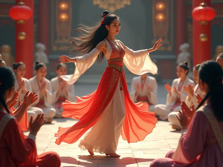 Woman with long black hair , blue eyes dancing oriental dance , around her people squatting who clap