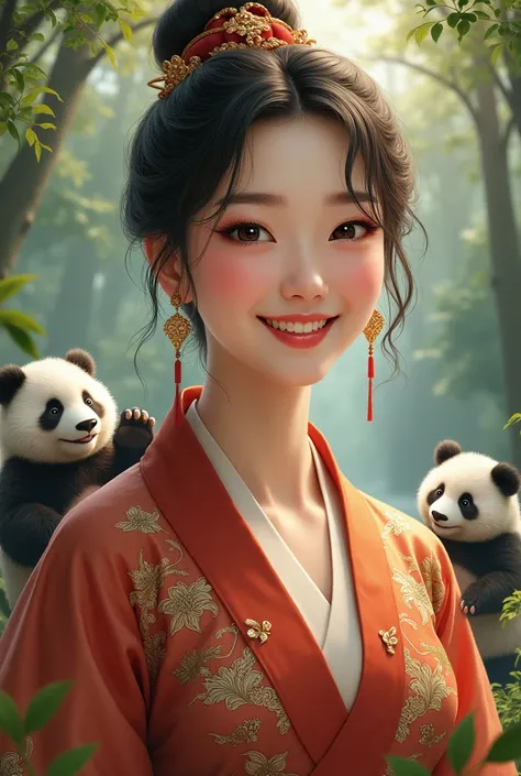 chinese young woman, realistic image, портрет, улыбка, смех, traditional clothes, панды в лесу