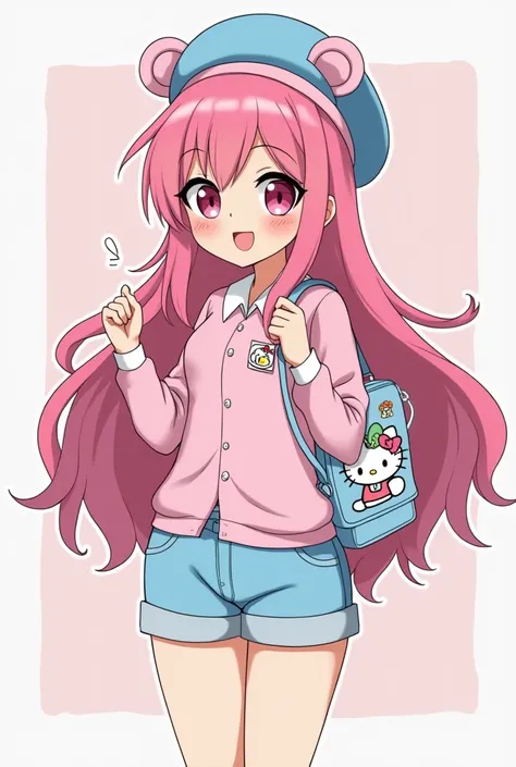 long hair, pink hair, a pink shirt with a white collar anda hello kitty handbag, light blue shorts, , a kawaii blue and pink beret with bear ears, wear a bear backpack with charms, blue and pink for the main color, happy snaggle-tooth blushing face