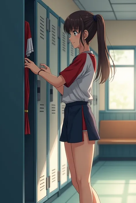 Draw a high school girl changing into a Pats Pats track and field uniform in a school club room
