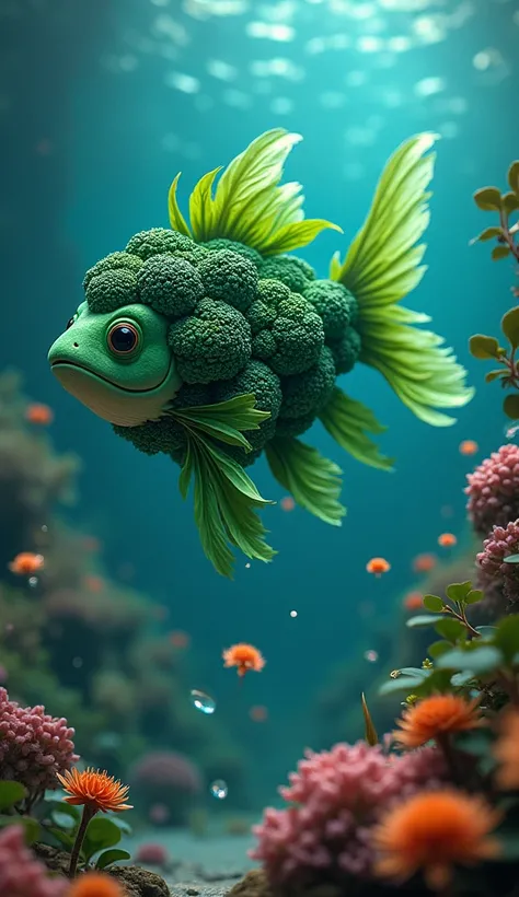 "An underwater fish creature with a body made of green broccoli heads, its tail resembling a flowing kale leaf. The fins are delicate and translucent, mimicking spinach leaves. The fish swims in a coral reef environment, with bright aquatic plants and glow...