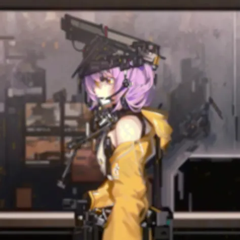 a close up of a person in a yellow outfit holding a purple umbrella, konachan, from the azur lane videogame, an ahoge stands up on her head, from girls frontline, girls frontline style, mechanized valkyrie girl, fine details. girls frontline, mechanized wi...