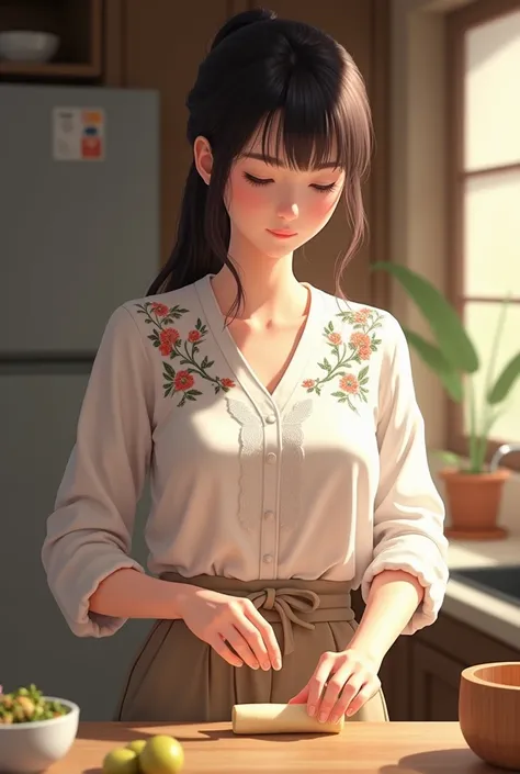 The girl tied her hair in a white blouse with floral embroidery, light brown pants, made an egg roll