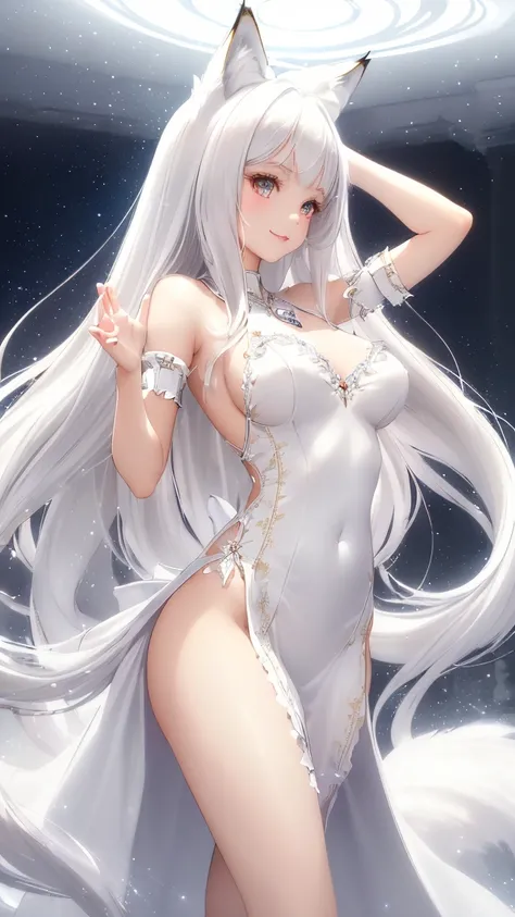 (masterpiece, best quality, ultra detailed, highres)
(beautiful young girl, fox ears, white fluffy tail, animal features)
(silver white hair, medium length, flowing hair, silky smooth)
(bright intelligent eyes, innocent smile, cute face, clear skin)
(white...