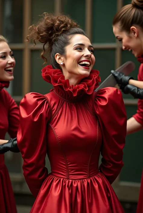 (realistic photograph sideways close up), (a smiling surprised willing beautiful Caucasian lady with (messy hair bun) and wearing (excessive shiny red silk dress with (long gigantic puff sleeves), (and with an ultra high tight stand-up collar up to her che...