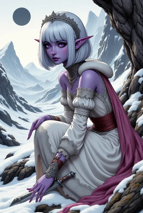 (Ultra-detailed face, Looking away, Fantasy Illustration with Gothic, Dark tone colors. Perspective looking down on the glacier from the top of the cliff.), BREAK 
(The sky is in another dimension with a black moon rising in a white sky. Snow is falling li...