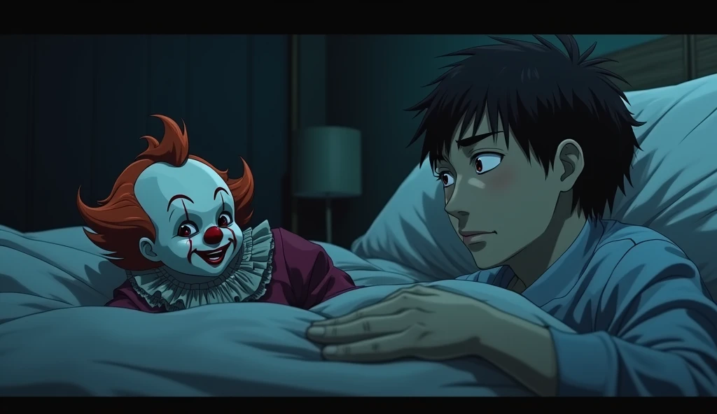 A man lying in bed at night, staring at a clown doll, with its smile appearing slightly larger. Anime 