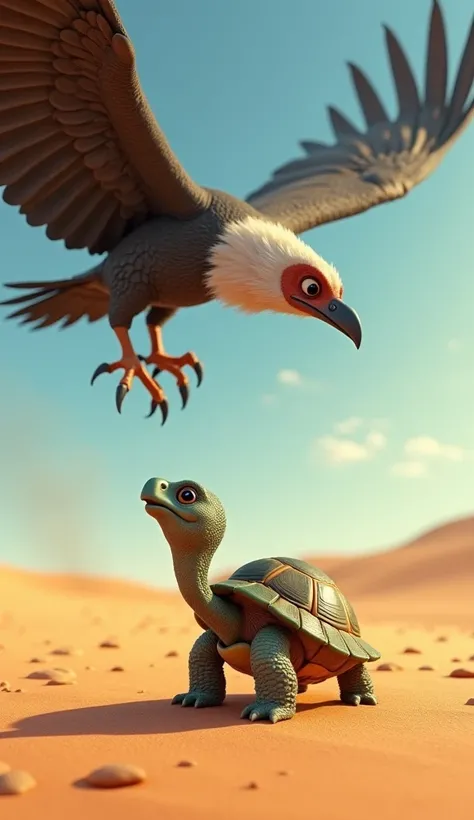 "A 3D Disney-style animation of a small, determined tortoise with a brown and green shell standing in a dry desert, facing a fierce vulture with sharp feathers and a menacing gaze. The desert stretches out with golden sand dunes, and the vulture hovers abo...