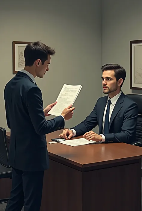 Create a realistic image of a male employee standing at a desk in a meeting room, presenting a stack of documents to a stern-looking male leader. The employee looks nervous, his posture tense as he gestures toward the documents, while the leader scrutinize...