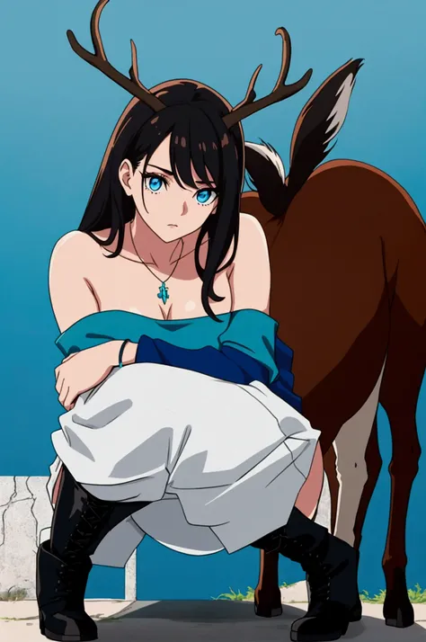 A brunette girl, her turquoise eyes ,  with black hair and highlights of different shades of blue ,  and a white shirt with an image of a deer ,  and have bare shoulders ,  long torn pants and some ankle boots ,  and that has a necklace in the colors of th...