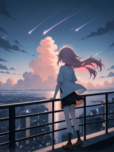  1 girl ,  Rachel Gardner, Angel of Carnage , Translator, nullrick9413, ( shooting stars),  black shorts , Brown footwear,  Building , city, city lights, cityscape, cloud, cloudy null,  evening ,  turn your back,  ocean, Outdoor, pleated  skirt, handrail, ...