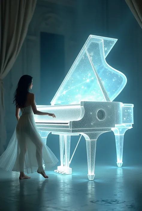  a magnificent piano of light is playing the piano, A person is dancing next door 