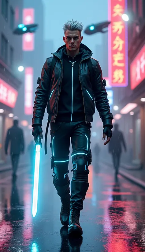 "A highly detailed 3D-style digital illustration of a male character with short, spiky silver hair and glowing blue cybernetic implants. He wears a black armored jacket with neon blue lines and matching pants, walking straight forward confidently while hol...