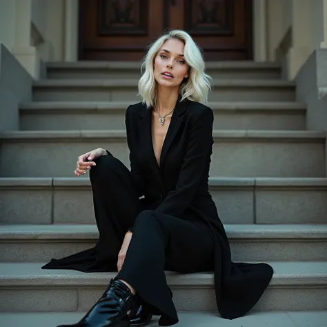 platinum blonde woman sitting on steps in black dress and boots, wearing black clothes, black outfit, black outfit, wearing black boots, dressed in black, sexy look, high heel boots, dressed all in black, wearing an elegant outfit, high fashion photo shoot...