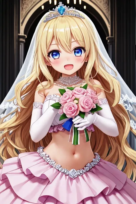 1girl, best quality, looking at viewer, kawaii, shiny skin, shiny clothes, pink wedding dress, stomach cutout, veritical navel, bare stomach, midriff, navel focus, tiara, wedding veil, frilled elbow gloves, necklace, holding bouquet, huge breasts, long hai...