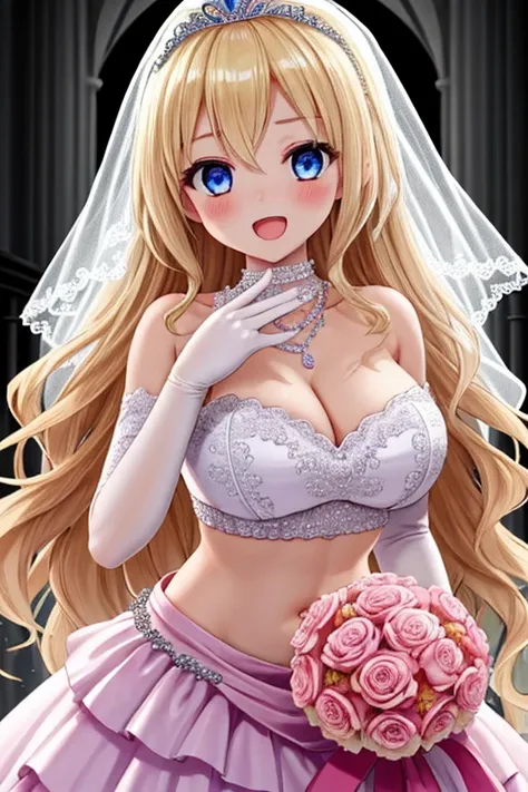 1girl, best quality, looking at viewer, kawaii, shiny skin, shiny clothes, pink wedding dress, stomach cutout, veritical navel, bare stomach, midriff, navel focus, tiara, wedding veil, frilled elbow gloves, necklace, holding bouquet, huge breasts, long hai...