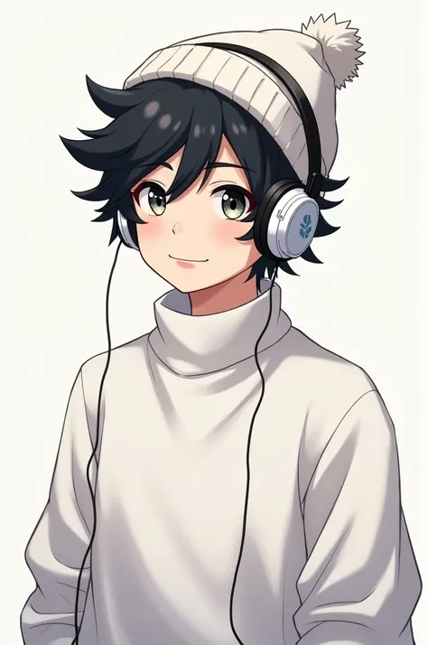 A cool boy, black fluffy hair, white beanie, white shirt with a turtle neck,headphones, smile, anime young For a Profile picture image size: 1:1 