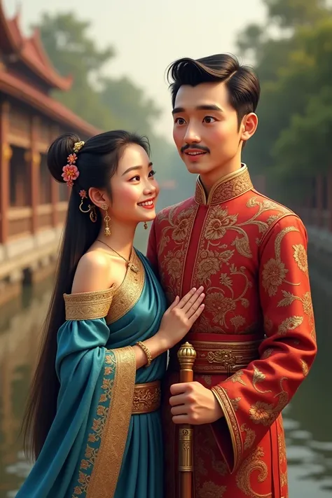 A father and daughter in Ayutthaya-era attire, The daughter wears a blue and gold silk shawl with intricate embroidery open shoulder,and gold jewelry, her straight hair adorned with a flower accessory ,The father, mustache ,short slicked hair, in a richly ...