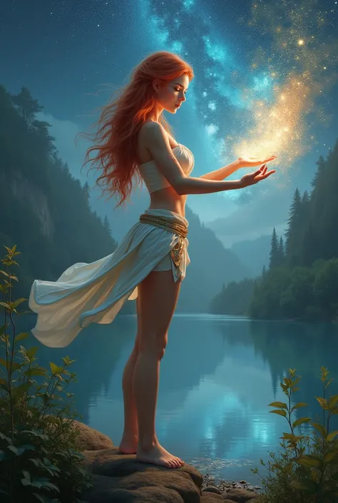 D&D character race human, female, druid class, long red hair, tall, blue eyes, light skin, large breast, stand a little to the side, short white shirt, sleeves only on the arms, short skirt, near a lake, galaxy symbol on the dress, a raised arm and from th...