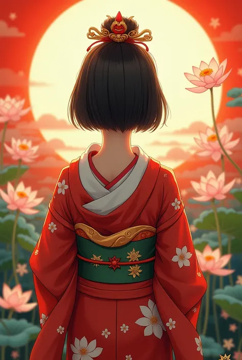 ((masterpiece)), (( top quality)),Lotus flower on background、天照大御god、 red and white kimono 、Shrine maiden、 A 25-Year-Old Woman、 black hair、 very short、 bob short、 Gold Decor、god々Shii、No exposed skin、The Sun Shining on Her Back 、Facing Front 、Picture above ...