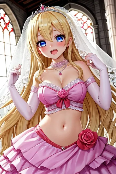 1girl, best quality, looking at viewer, kawaii, shiny skin, shiny clothes, pink wedding dress, stomach cutout, veritical navel, bare stomach, midriff, navel focus, tiara, wedding veil, frilled elbow gloves, necklace, reaching towards viewer, huge breasts, ...