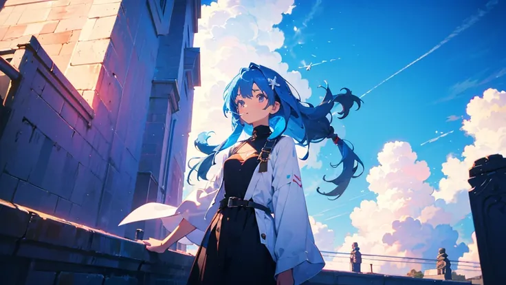 girl with long blue hair 1,Look at sky, that&#39; warped world ,blue and white only,back view,View from behind,Buildings of the future,煌めく,輝く