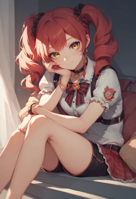  cute anime girl, twintail long red hair, yellow eyes, idol outfit, short pants, side profil, sitting