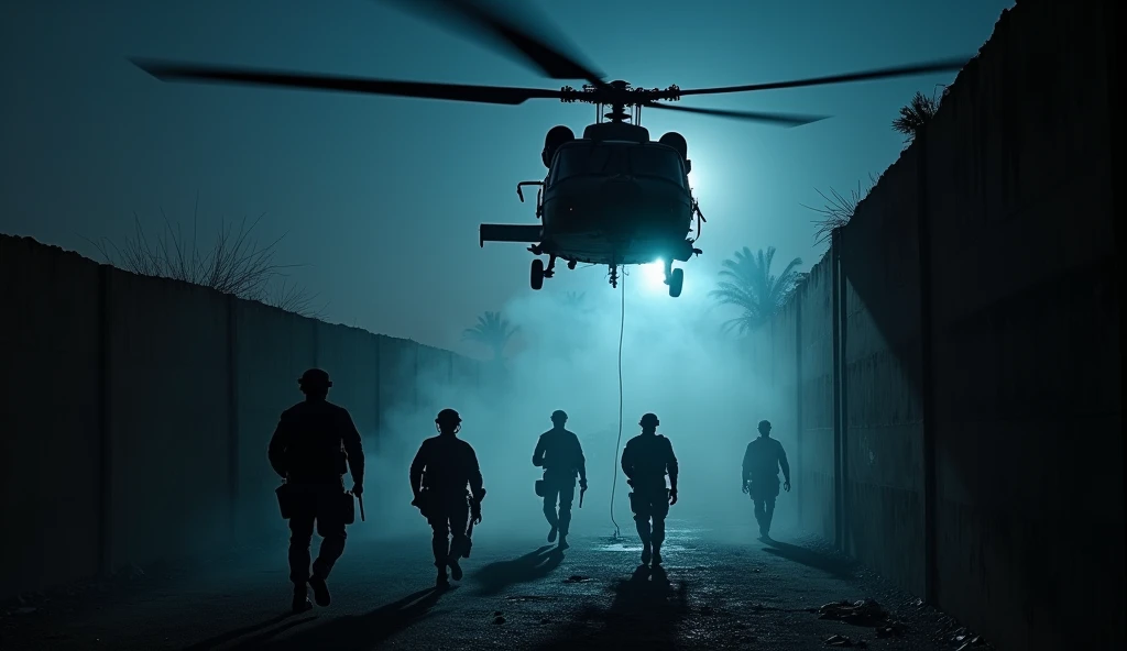 Here’s a cinematic photo idea for the scene:

"Operation Neptune Spear: Helicopter Landing"

A dramatic night-time scene unfolds as an American military helicopter, a Black Hawk, hovers above a walled compound in Abbottabad. The rotor blades kick up a clou...