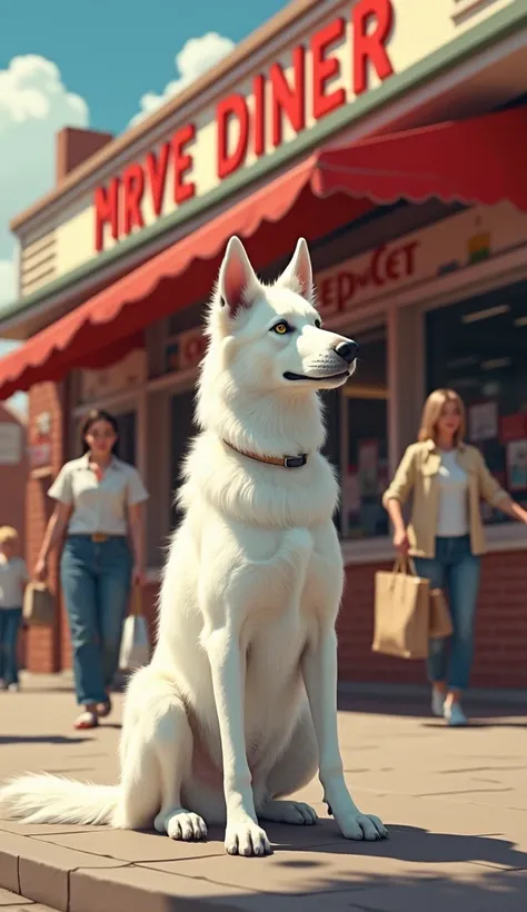 " The white dog stopped in front of a busy diner.  Many people passed by ,  come out and enter with bags of groceries . The dog stood still ,  watching every passer-by ."