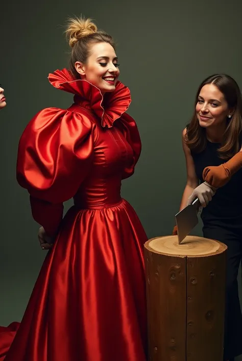 (realistic photograph sideways close up), (a smiling surprised willing beautiful Caucasian lady with (messy hair bun) and wearing (excessive shiny red silk dress with (long gigantic puff sleeves), (and with an ultra high tight stand-up collar up to her che...