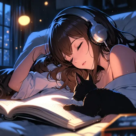 Best Quality, Masterpiece, Ultra High Resolution, (Realistic: 1.4), Original Photo, 1girl, long brown hair, wearing white headphones, white nightwear, with black cat, Cinematic Lighting