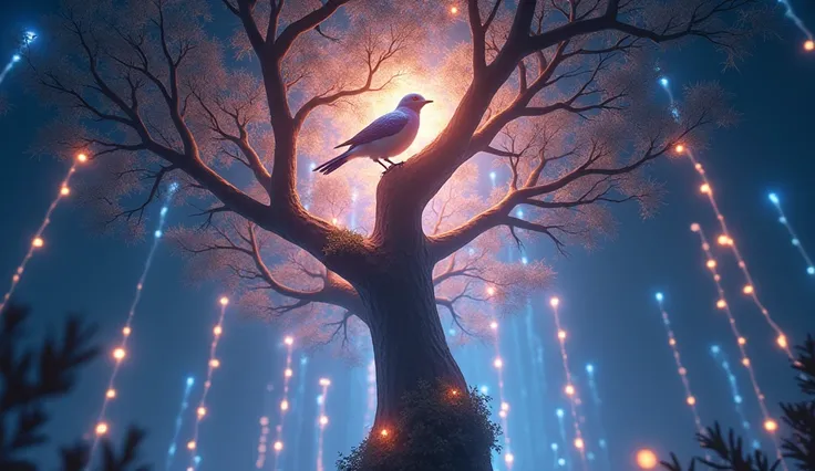  When the ren ask ,  shining with wonderful lights on its branches as it climbs to the top of a tree reaching into the sky; Beautiful Bird . Draw in animation style but realistic.