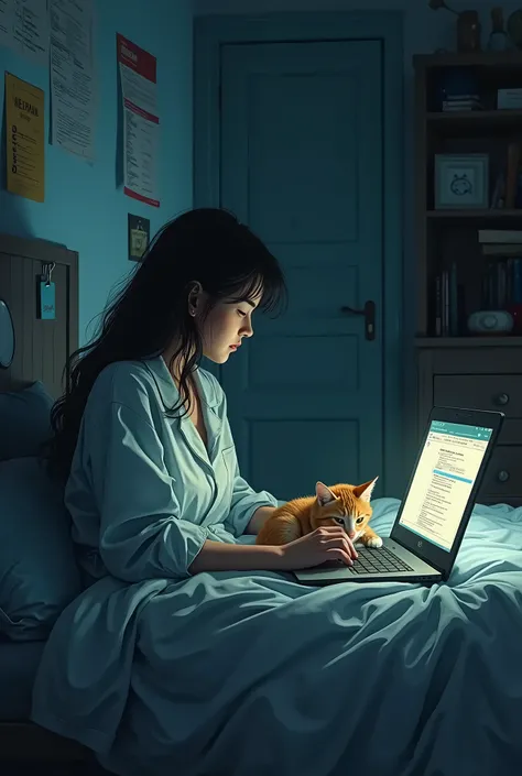 /I cat, tiny rental house, cat lying in bed in loose pajamas, laptop glowing screen, job search website, scattered resumes, dim lighting, messy room, melancholy mood, realistic details, urban loneliness, introspective atmosphere, soft shadows, pastel color...