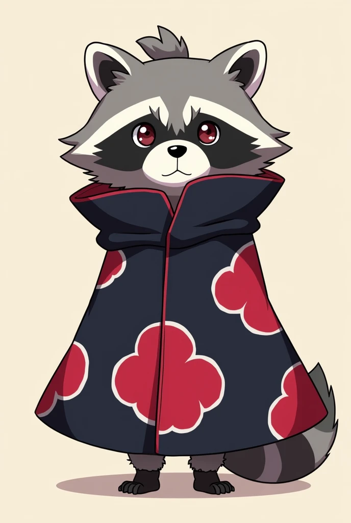 Raccoon wearing an Akatsuki outfit from the anime  "Naruto"  with hair tied in a bun around his head 