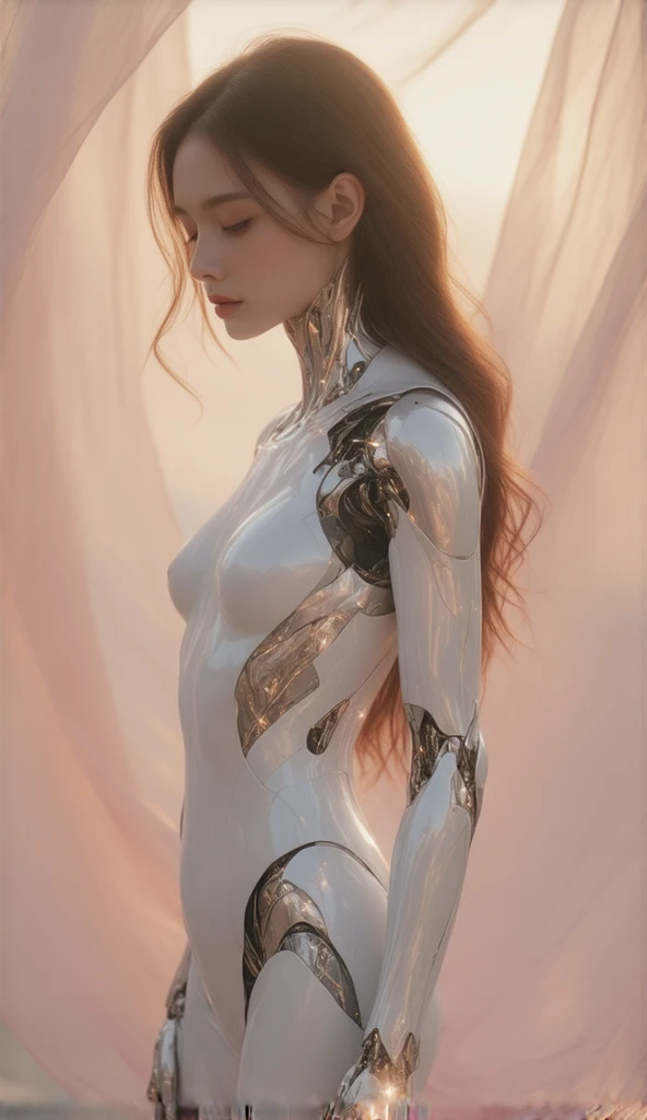 A female android stands in a serene, futuristic environment, bathed in soft, golden light. Her body is crafted from brushed silver and pale rose-gold alloys, with delicate filigree patterns etched into the metal surface. Her limbs and torso are elegant yet...