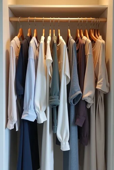 A closet with several clothes hung on a hanger, showcasing the organization technique of putting multiple hangers through one loop to save space. The closet is neat and organized, with clothes visibly grouped together for efficient storage. The background ...