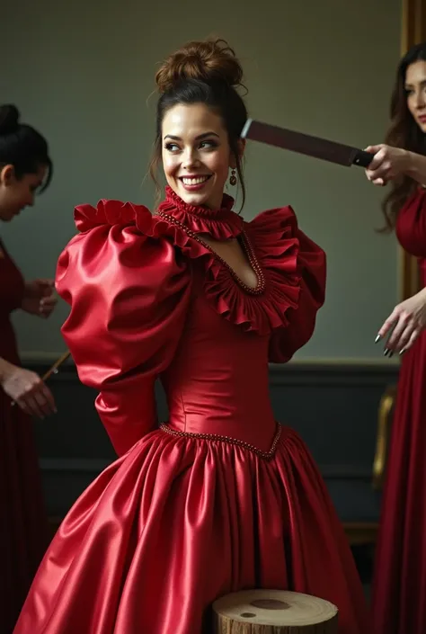 (realistic photograph sideways close up), (a smiling surprised willing beautiful Caucasian lady with (messy hair bun) and wearing (excessive shiny red silk dress with (long gigantic puff sleeves), (and with an ultra high tight stand-up collar up to her che...