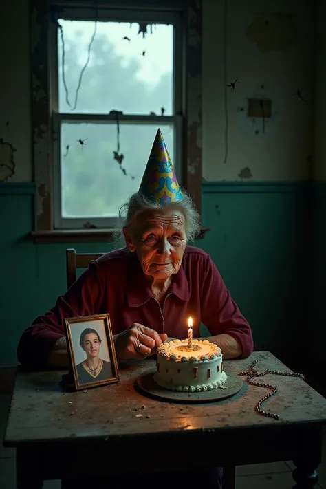 An elderly woman sits alone at a worn, creaky table in the center of an abandoned house. She wears a colorful party hat, slightly askew on her head, and her deeply wrinkled skin reflects her advanced age and a life full of hardship. Her eyes are filled wit...